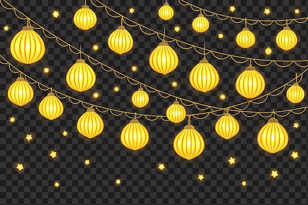 golden lanterns with glowing effect and star decorations isolated transparent background png