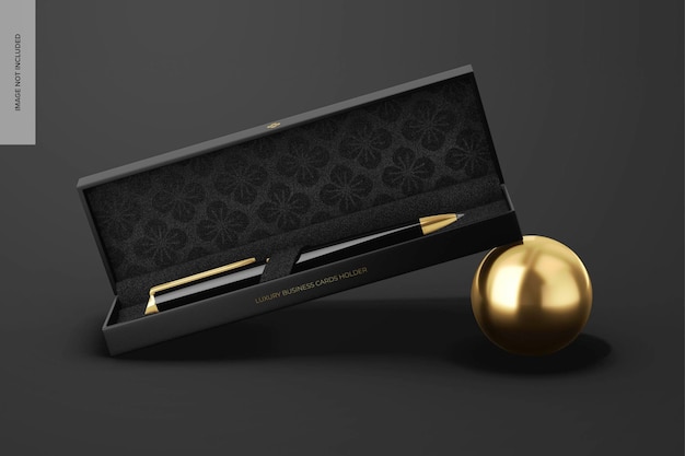 Golden Pen in Box Mockup gelehnt