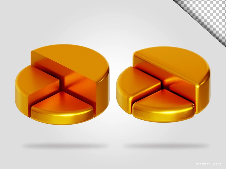 PSD golden pie chart 3d render illustration isolated