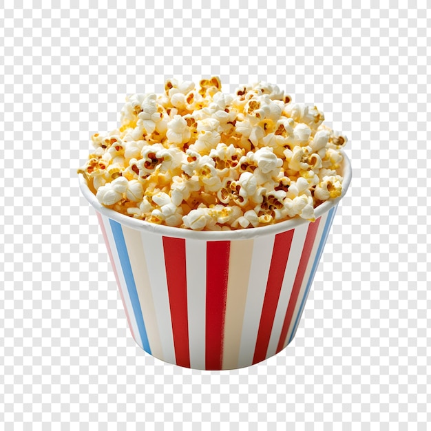 Golden popcorn in classic striped paper bowl