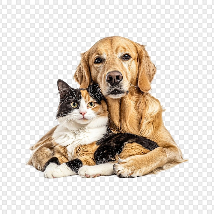 PSD un golden retriever y un gato acurrucados aislados en un fondo transparente