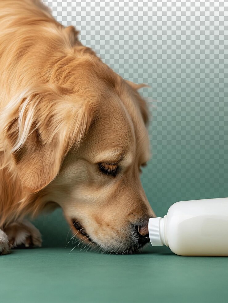 PSD golden retriever olfateando el suelo cerca de la botella de lavado del cuerpo