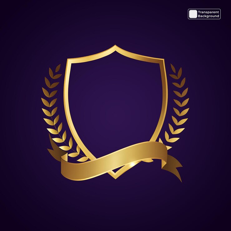 PSD golden shield emblem with laurel wreath and ribbon