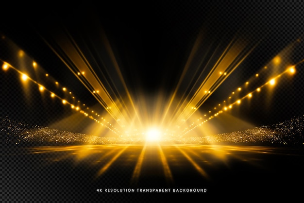 Golden stadium lights rays on transparent background
