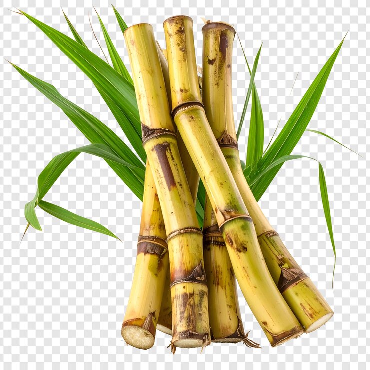PSD golden sugarcane stalks with green leaves fresh harvest raw ingredient natural sweetener fiber