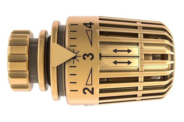Golden Temperaturregelventil Thermostatikventilkopf 3D-Rendering isoliert auf durchsichtigem Hintergrund