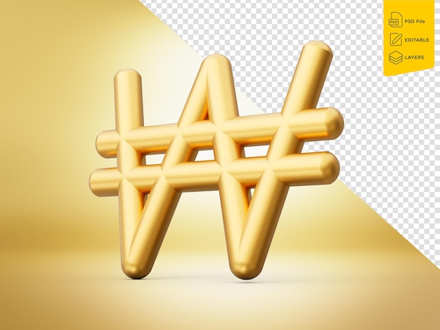 Golden Won Currency Icon Isolated 3D Gold Won Symbol mit goldenem Hintergrund 3D-Illustration