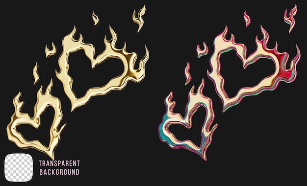 Golden Y2K Abstract: Brennende Herzform 3D-Rendering auf PSD