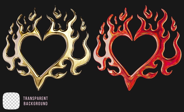 Golden y2k abstract in forma di cuore bruciante rendering 3D psd