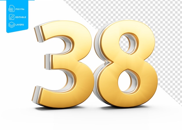 Goldene 38 Ziffern Achtunddreißig Nummer mit metallischem Glanz auf weißem Hintergrund 3D-Illustration