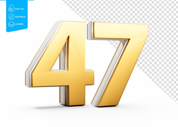 Goldene 47-stellige Zahl mit metallischem Glanz auf weißem Hintergrund 3D-Illustration