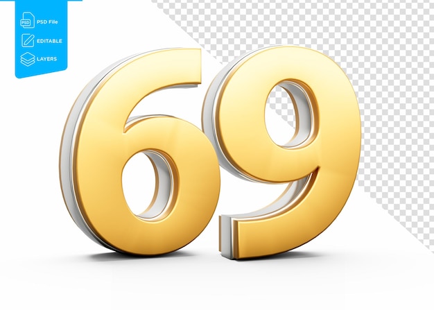 Goldene 69-stellige Zahl mit metallischem Glanz auf weißem Hintergrund 3D-Illustration
