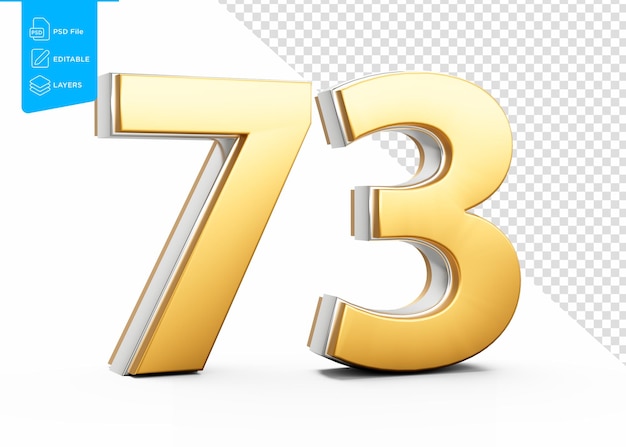 Goldene 73-stellige Zahl mit metallischem Glanz auf weißem Hintergrund 3D-Illustration