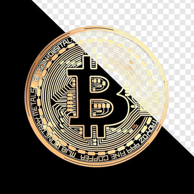 Goldene Bitcoin-Logo-Münze im Comic-Stil isoliert auf durchsichtigem Hintergrund