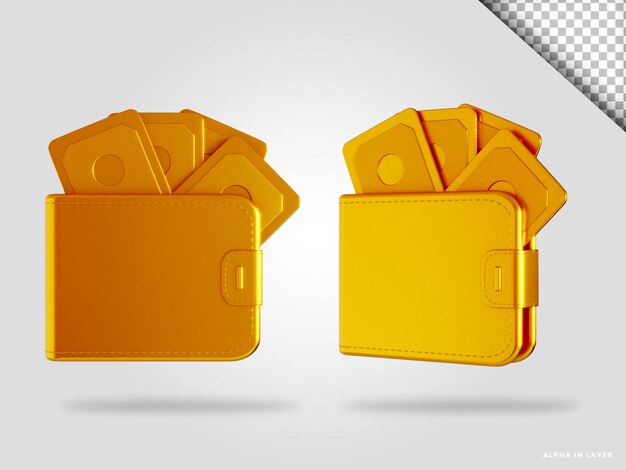 PSD goldene brieftasche 3d-render-illustration isoliert