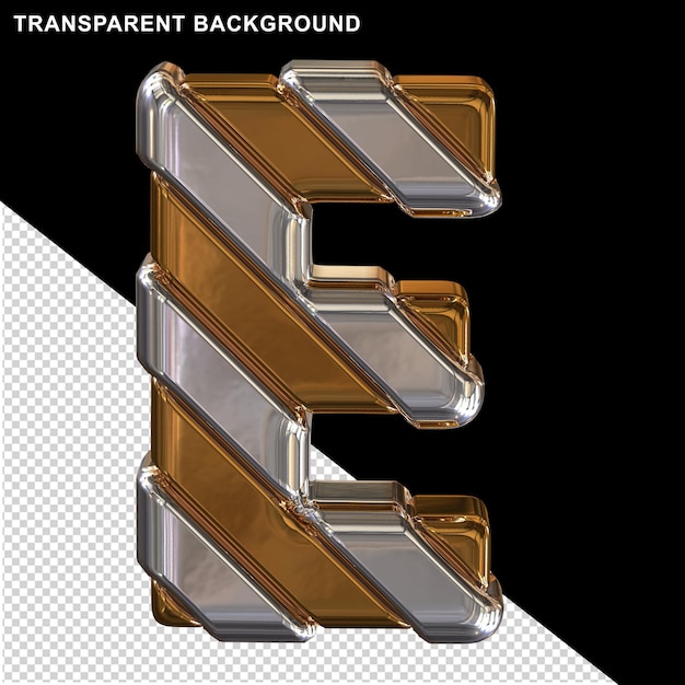 Goldene buchstaben mit diagonalen silbernen bändern 3d-großbuchstabe e