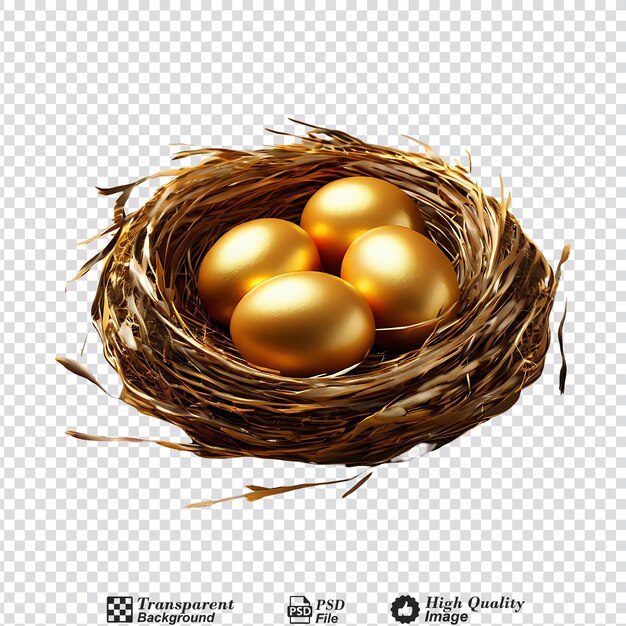 Goldene eier in einem nest, das auf einem durchsichtigen hintergrund isoliert ist