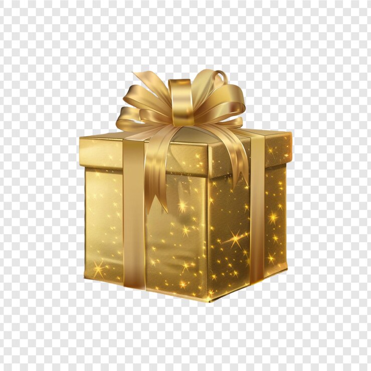 PSD goldene geschenkeschachtel mit einem bogen auf durchsichtigem hintergrund