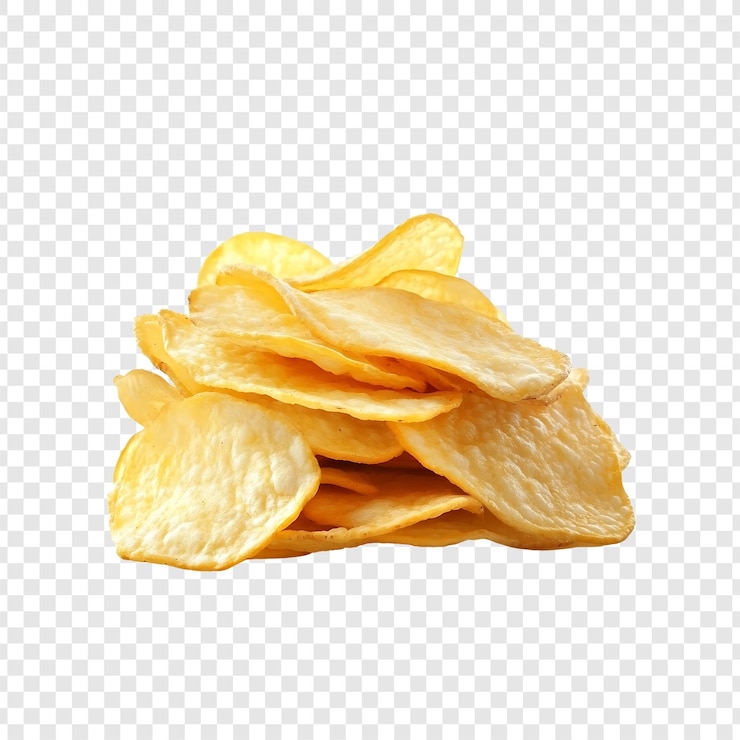 PSD goldene, knusprige kartoffelchips auf durchsichtigem hintergrund