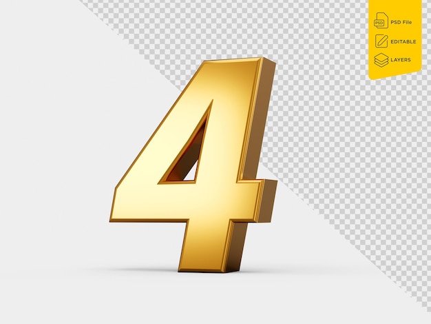 Goldene metallische Nummer 4 Vier isoliert auf weißem Hintergrund 3D-Illustration