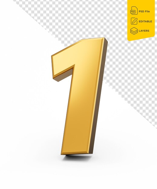 Goldene Nummer 1 Eine auf weißem Hintergrund glänzende 3D Nummer 1 aus Gold 3D Illustration