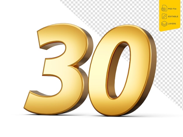 Goldene Nummer 30 30 auf weißem Hintergrund glänzende 3D Nummer 30 aus Gold 3D Illustration
