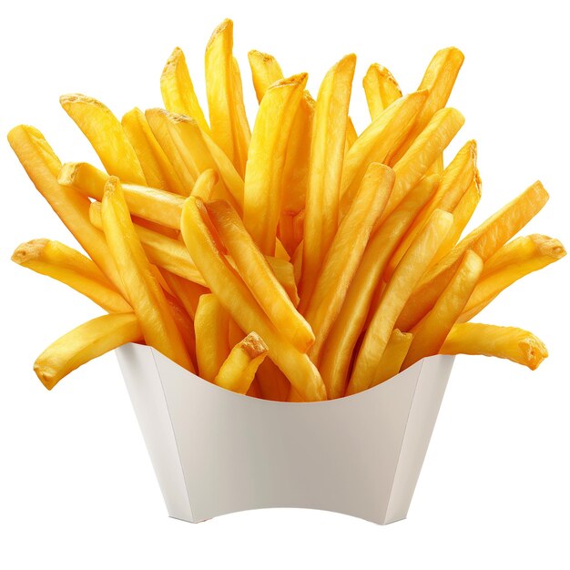 Goldene Pommes Frites in einer Papierkiste, isoliert auf durchsichtigem Hintergrund