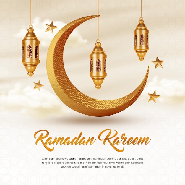 Goldene Ramadan Kareem 3D-Postvorlage mit goldenem Mond und schönen Laternen