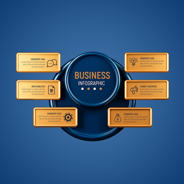 Goldene sechs schritte 3d-business-infografik-vorlage