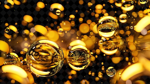 goldene Seifenblasen in einem Glasbehälter mit schwarzem Hintergrund