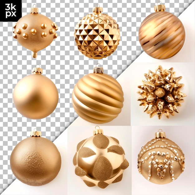 PSD goldene weihnachtsschmuckstücke auf durchsichtigem hintergrund