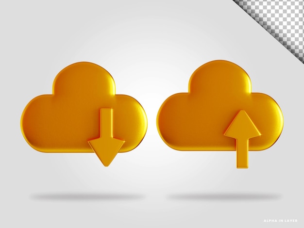 Goldene Wolken, Upload und Download 3D-Render-Illustration isoliert