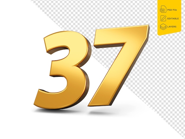 PSD goldene zahl 37 siebenunddreißig auf isoliertem hintergrund, glänzende 3d-zahl 37 aus gold, 3d-illustration