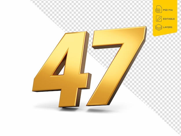 Goldene Zahl 47 Siebenundvierzig auf isoliertem Hintergrund, glänzende 3D-Zahl 47 aus Gold, 3D-Illustration