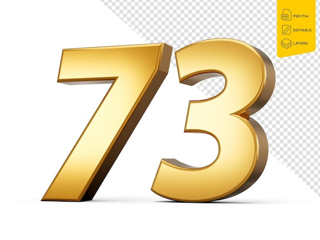 Goldene Zahl 73 Dreiundsiebzig isoliert weißer Hintergrund glänzende 3D-Zahl aus Gold 3D-Darstellung