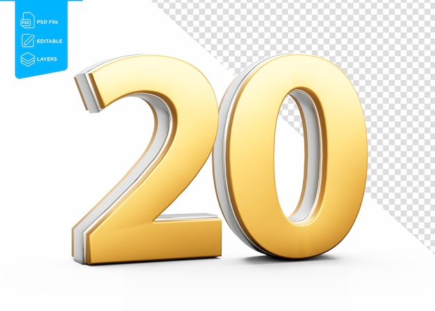 Goldene zwanzigstellige Zahl mit metallischem Glanz auf weißem Hintergrund 3D-Illustration