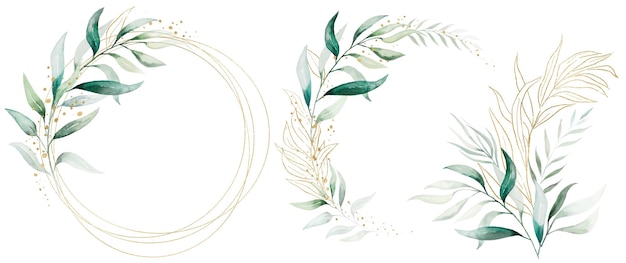 Goldener Rahmen und Bouquets mit Aquarell-Pastelgrünen Blättern isolierte Hochzeitsillustration
