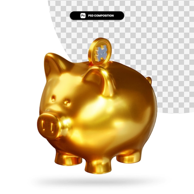 Goldenes sparschwein mit naira-münze 3d-rendering isoliert