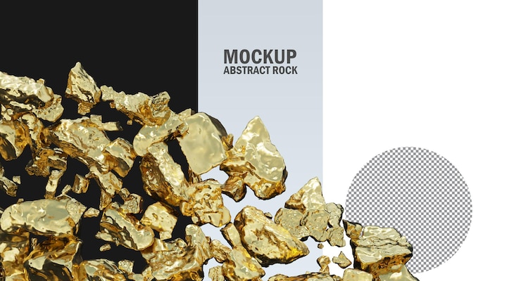 PSD goldfelsen und silberfelsen isoliert, metallischer gold- und silberbeschneidungspfad, rohgold und silber