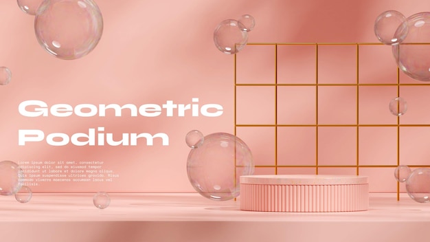 Goldgitter und Seifenblase 3D-Renderbild-Mockup-Szene Rosa Zylinderpodium in Landschaft