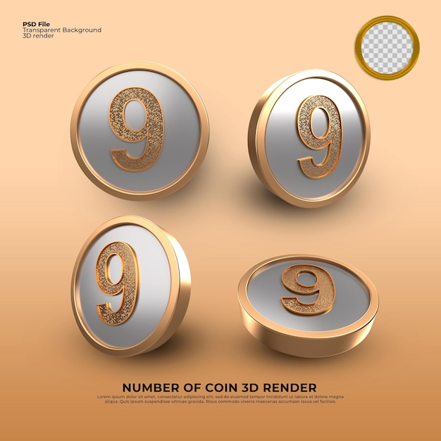 Goldmünzen Nummer 9 3D-Render-Luxus-Stil