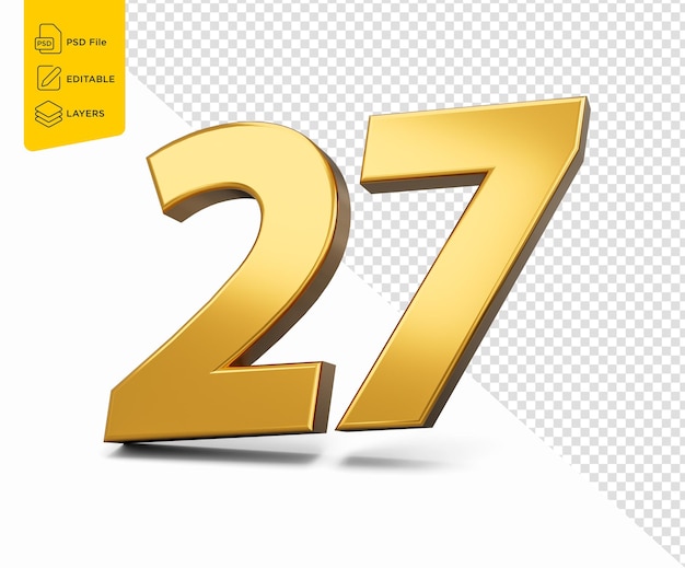 PSD goldnummer 27 siebenundzwanzig auf weißem hintergrund glänzende 3d-nummer 27 aus gold 3d-illustration