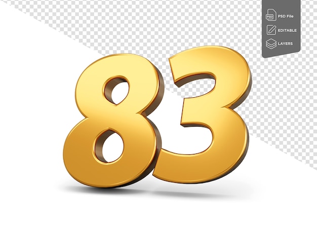 Goldnummer 83 83 auf weißem Hintergrund glänzend 3D Nummer 83 aus Gold 3D Illustration