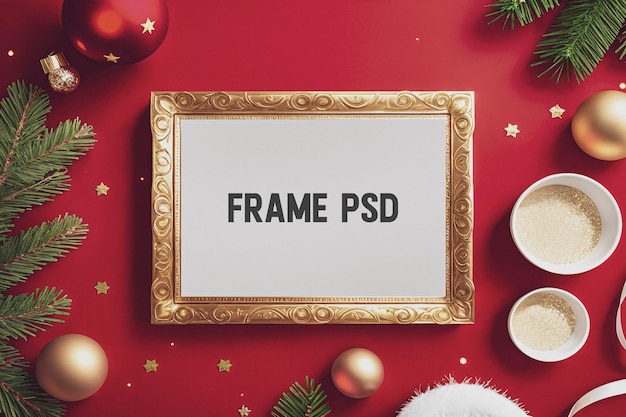 PSD goldornament-leerrahmen mit weihnachtsaccessoires auf rotem hintergrund, ai-generiertes bild