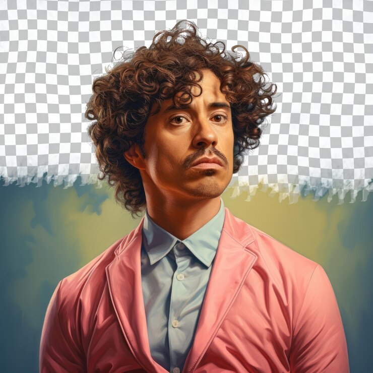 PSD golfer isleño hombre cauteloso con cabello rizado en labios de cerca posando con atuendo de golf en fondo azul pastel 98 personajes