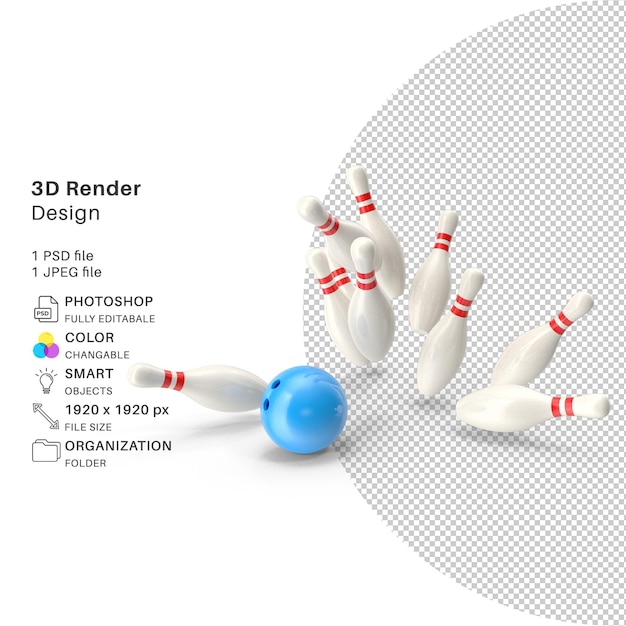 Golpe de bolos en el juego Modelado 3D Archivo PSD Bolos realistas