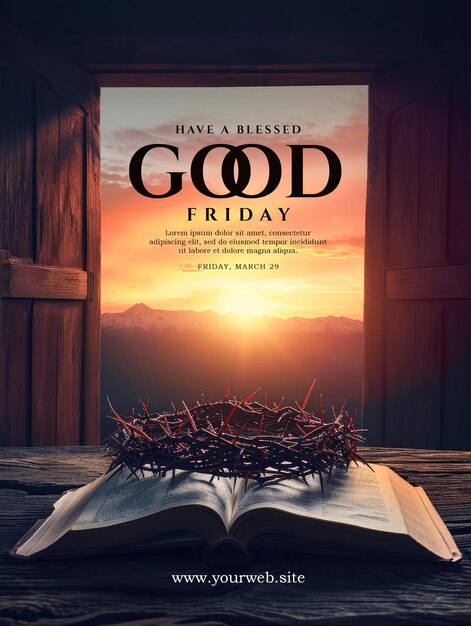 PSD good friday poster-vorlage mit christlichem kreuz und offenem buch mit dornenkrone.