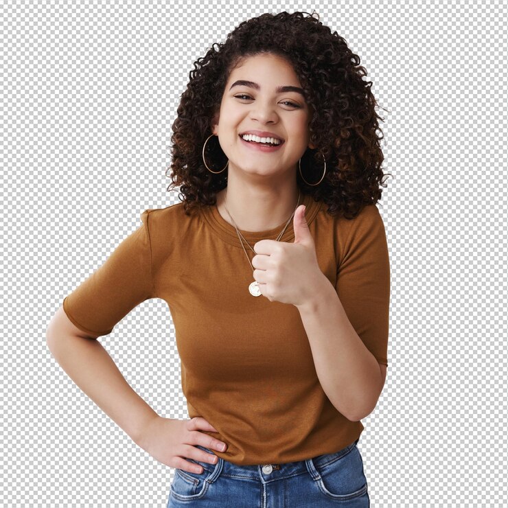 PSD good thanks happy charismatic laughing young attractive girl curly dark hair show thumb up smiling satisfied approve awesome great deal like cool choice picking outfit friend date white background