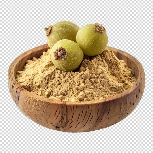 PSD gooseberries indian amla powder in wooden bowl isolated on transparent background