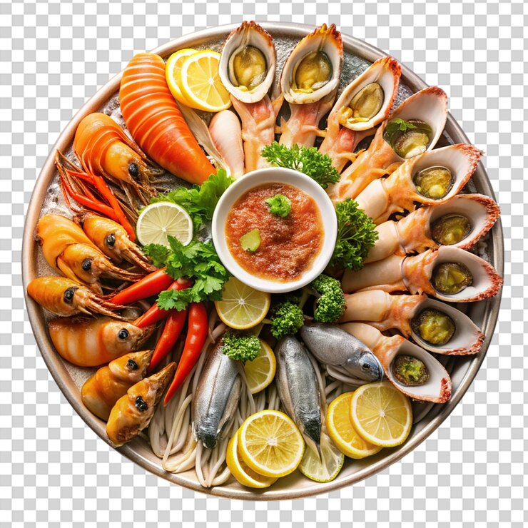 Gorgeous seafood platter image isolated on transparent background